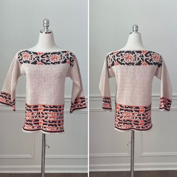 Vintage 70s Boat Neck 3/4 Sleeve Sweater Orange Brown S XS - Picture 1 of 7